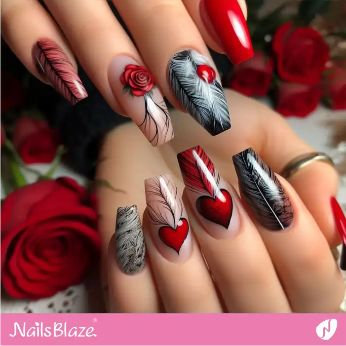 Glossy Hearts and Roses Nails with Feather Pattern | Valentine Nails - NB2746